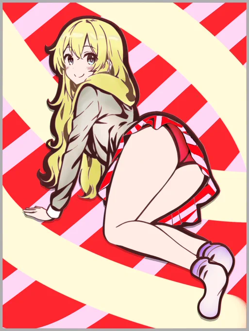 履いてないパンツまるだしは前から描きたくて、11月には思ってたんですよね。 元々ワタシが背面からは良く描くので(得意ポーズだと思うので) 正面からド直球に描きたいなって…
