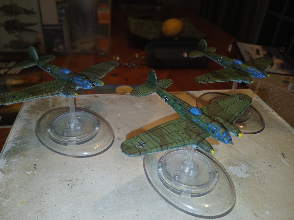 RhubbaComedy's tweet image. Fresh off the assembly line. Heinkel 111's, 1/200 scale, for the Blood Red Skies game. #wargaming #BloodRedSkies