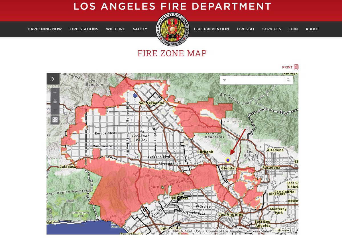 Das ist eine Karte mit der aktuellen Ausdehnung der Feuer von Los Angeles vom Abend des 12.1.2025. Eingezeichnet ist das Hilton Hotel in Glendale, in dem wir auf unserer #swissigUSA Bildungsreise im März 2018 gewohnt haben. 🙏