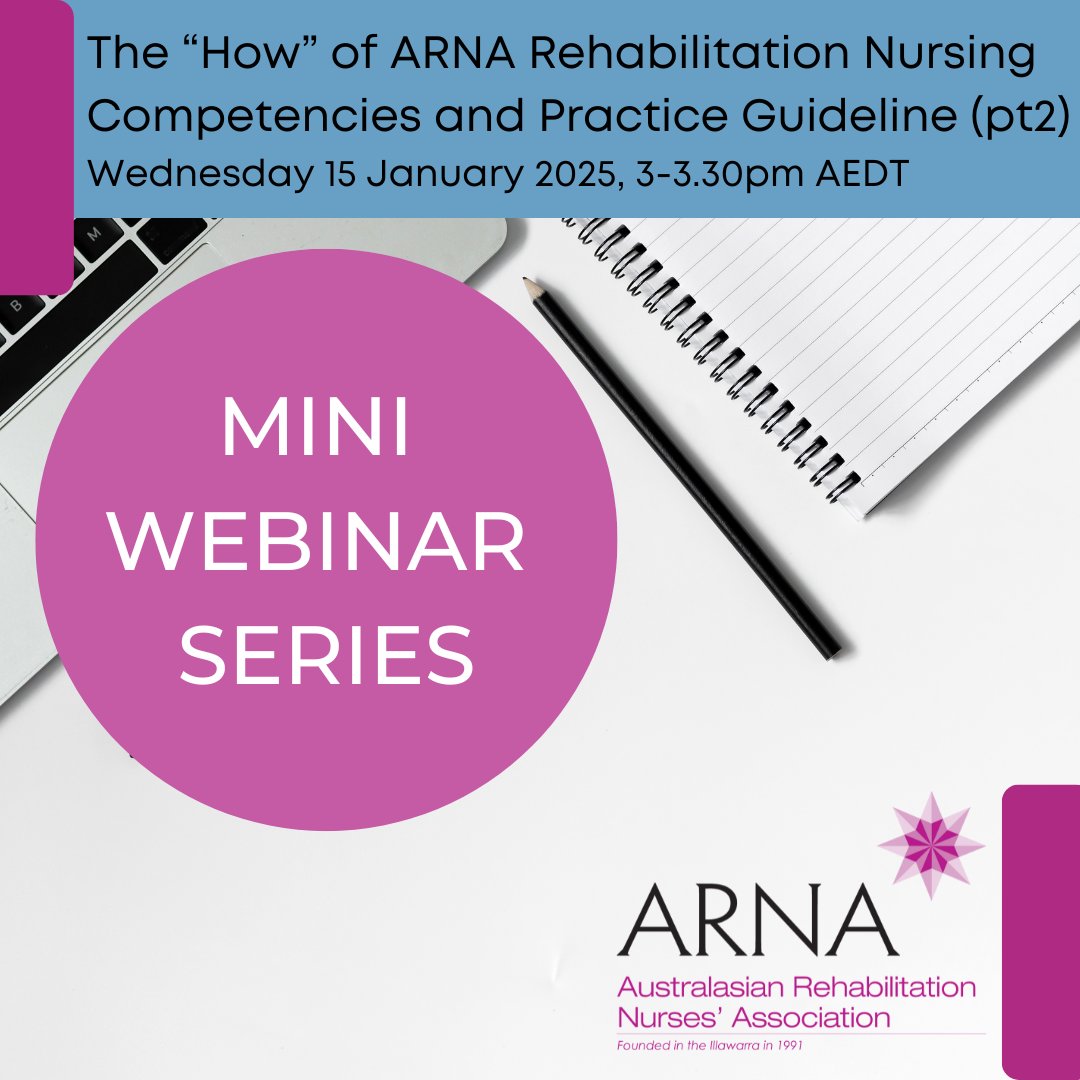 Last chance reminder to register to join us for "The “How” of ARNA Rehabilitation Nursing Competencies and Practice Guidelines (pt2) ".

Wednesday 15 January 3-3.30pm AEDT

arna.com.au/Shared_Content…

#ARNA #nurses #ausnurses #rehabnurses #rehabnursing