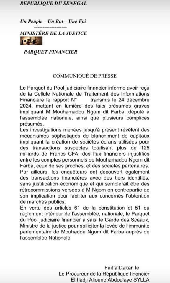 Mahmudaan_F's tweet photo. @GayeYoussoupha @FatouDiery @Falilou_MFD @AdjaMaremeN @Noo_IDcard @Ahmadoubamba36 Le parquet du pool judiciaire financier a demandé la levée de l’humilité parlementaire de Farba Ngome auprès de l’assemblée nationale.

Á vérifier 🤔 https://t.co/JiQ2wR4IAn