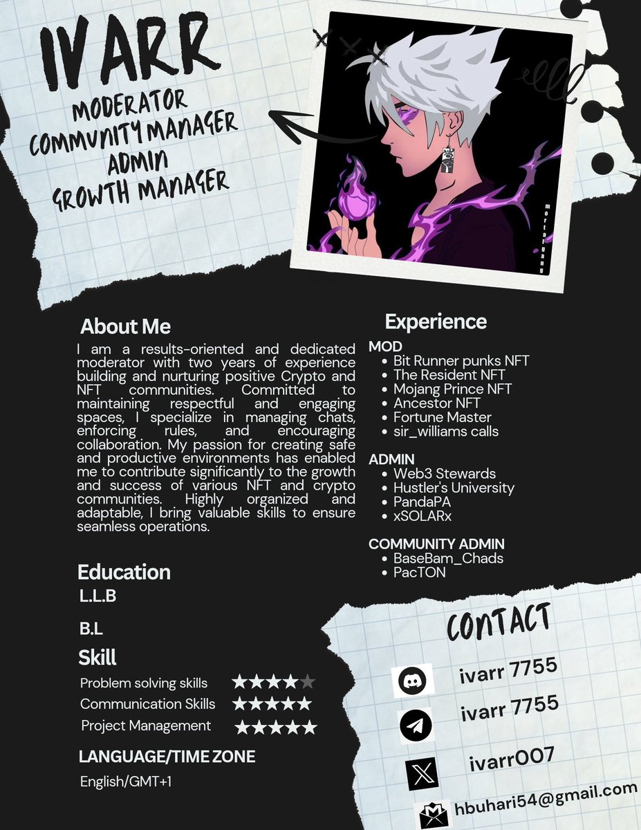 🌟 Experienced Community Manager | Moderator | Growth Strategist 🌟
Skilled in building vibrant communities, boosting engagement, and driving project growth. I’ve helped multiple projects thrive,ready to do the same for yours? 📩 DM to connect
Let’s create success together
📎 CV