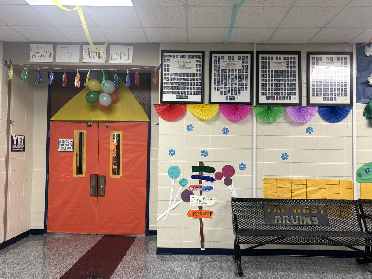 saraworkman's tweet photo. It’s Hardwood Homecoming week at TWHS!! 🏀 StuCo did a fantastic job decorating the hallway outside the gym today! Welcome to Oz!! 🔵🐻🟡 @TWHS_AP @ScottFrye37 @nwhsc1 https://t.co/hOMgBPjDEf