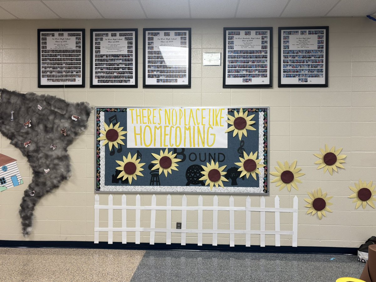 saraworkman's tweet photo. It’s Hardwood Homecoming week at TWHS!! 🏀 StuCo did a fantastic job decorating the hallway outside the gym today! Welcome to Oz!! 🔵🐻🟡 @TWHS_AP @ScottFrye37 @nwhsc1 https://t.co/hOMgBPjDEf
