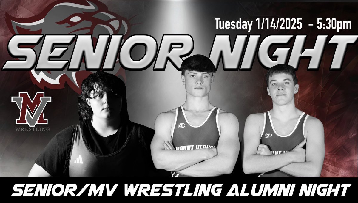 MTV_WR's tweet photo. 🚨 SENIOR NIGHT/ALUMNI NIGHT 
💥 TUESDAY JANUARY 14th at 5:30pm
🤼 vs JASPER WILDCATS

COME OUT ON TUESDAY NIGHT TO WELCOME BACK THE WILDCATS BACK TO THEIR HOME GYM AND SEND OUR SENIORS OUT WITH A BIG CROWD IN A BIG MATCHUP WITH JASPER!
#WeAreMV #OneTeamOneFamily #SeniorNight2025 https://t.co/HMSdvb7LmB