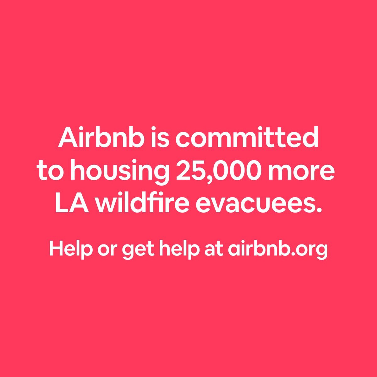 Our hearts are with those impacted by the LA wildfires. Airbnb.org has housed 9,700+ people in 48 hours &amp; needs our help to do more. 100% of donations provide emergency housing for families in crisis. Donate today 💙: airbnb.com/for-airbnb-org…