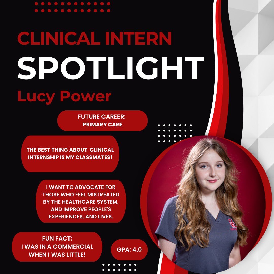 Meet our featured Clinical Intern, Lucy! Lucy earned her Medical Assisting certification in December and is also our HOSA Secretary.