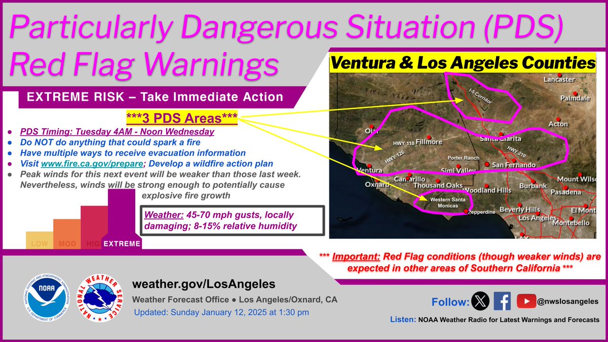 glezak's tweet photo. Here we go again. The NWS issued a warning a couple days before the fires began, and here is another one beginning Tuesday, a warning I have never seen, a PDS (Particularly Dangerous Situation) High Fire Danger alert. It is part of this year's cycling weather pattern.  These fires are almost always set by humans, so be on the lookout for arsonists.  Our thoughts and prayers continue to go out to the victims of these fires.  #LRC #Firedanger