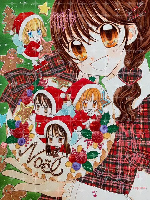 おはようございます夢色パティシエールカラー紹介企画連載3回目は12月号だったのと王子達のスピリッツ登場の回だったのでクリスマスリースケーキとサンタスピリッツにしました。チェック柄が大変だったけど温かみが出て気に入ってます。物語はいちご歓迎会からのぴよぴよ幼稚園編に進みます。 