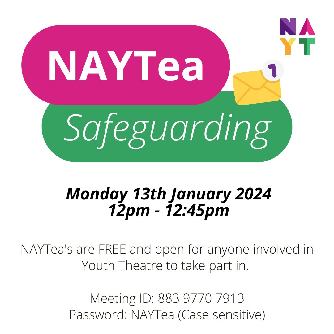 ⏰ Join us for today's NAYTea from 12 PM to 12:45 PM!

Today, our board members and associates will be facilitating a discussion on safeguarding and we invite you to join us for this opportunity to ask questions and share insights with one another! Don’t miss out!

#safeguarding