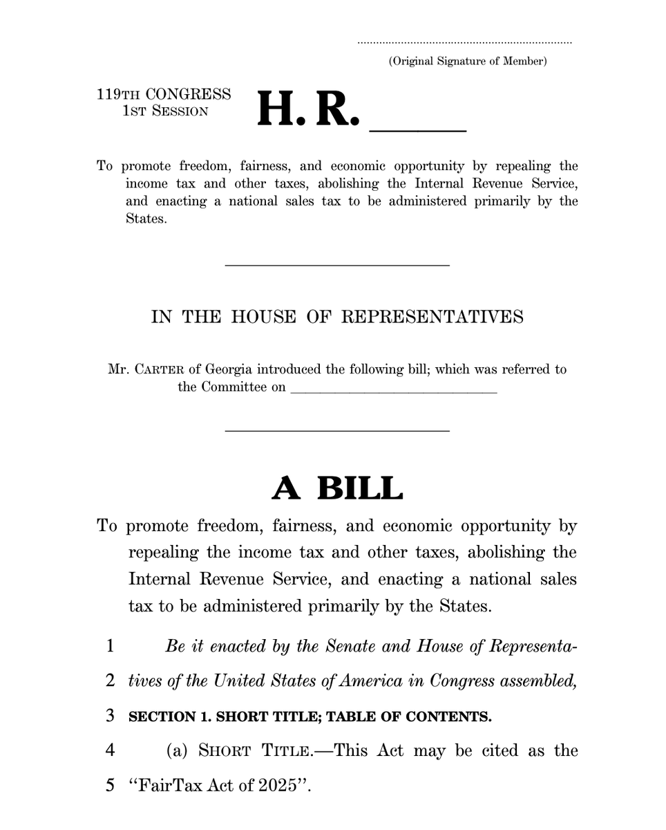 ChadSteingraber's tweet image. House Bill to abolish the IRS eliminating income tax, payroll, estate and gift taxes.

Let's see how serious the new Trump GOP is. 😉