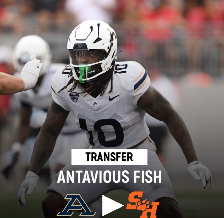 Sports of SHSU (@sportsofshsu) on Twitter photo Akron transfer LB Antavious Fish has signed with <a href="/BearkatsFB/">Sam Houston Football</a>!
Fish totaled 178 tackles and 4 sacks during the last 3 seasons at Akron.
#EatEmUpKats Akron transfer LB Antavious Fish has signed with <a href="/BearkatsFB/">Sam Houston Football</a>!
Fish totaled 178 tackles and 4 sacks during the last 3 seasons at Akron.
#EatEmUpKats