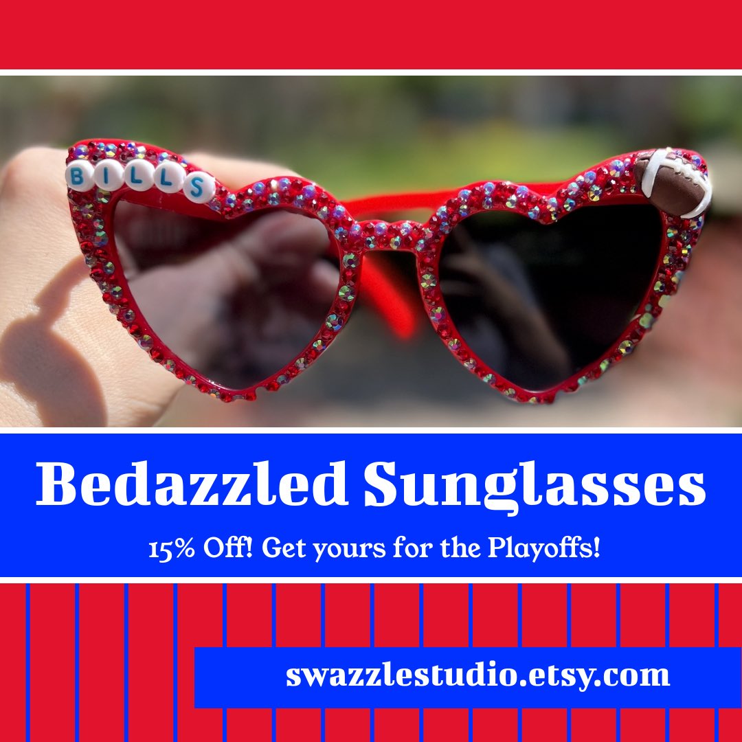 SwazzleStudio's tweet photo. #BillsMafia Celebrate your win and score your #Bills themed bedazzled sunglasses for a playoff run! Now 15% off through Super Bowl weekend!!

https://t.co/EyvKISe1Xd https://t.co/Q4R0hroxpt