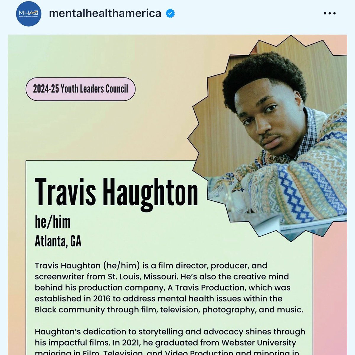 atravproduction's tweet photo. Travis Haughton for Mental Health America’s Youth Leaders Council🧠🌟 https://t.co/Om9ztbxIcS