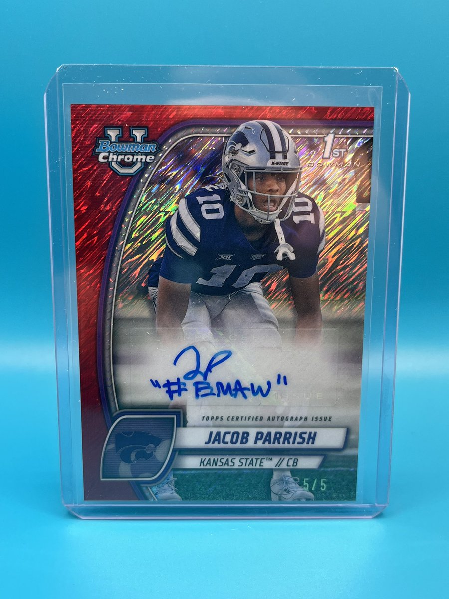 CardsWeaver's tweet photo. ⚠️ Just Pulled ⚠️

Jacob Parrish Red Shimmer /5 out of Bowman Chrome University

What does the inscription #BMAW mean? @Jacobp102 @CardPurchaser 

There’s no way it’s what the @X hashtag thinks it is 😂 #WhoDoYouCollect #TheHobby #SportsCards https://t.co/azjzWFd3hC
