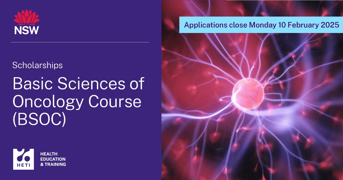 HETI (@nswheti) on Twitter photo Applications open for Basic Sciences of Oncology Course (BSOC) 2025. In partnership with <a href="/cancerNSW/">Cancer Institute NSW</a>, this 10-day program supports lifelong learning in cancer medicine. View dates and scholarship opportunities: heti.nsw.gov.au/bsoc. Applications close Monday 10 February 2025. Applications open for Basic Sciences of Oncology Course (BSOC) 2025. In partnership with <a href="/cancerNSW/">Cancer Institute NSW</a>, this 10-day program supports lifelong learning in cancer medicine. View dates and scholarship opportunities: heti.nsw.gov.au/bsoc. Applications close Monday 10 February 2025.