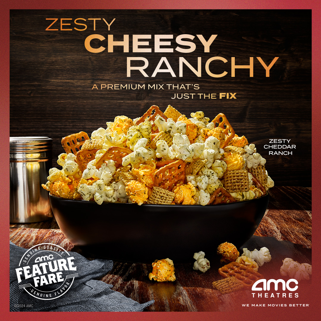 AMCTheatres's tweet photo. Got the movie munchies? Combine your favorite snack with our new Zesty Cheddar Ranch Premium Mix 🍿. So savory!
https://t.co/t0ssrHsbfV https://t.co/PGeXexwXQ1