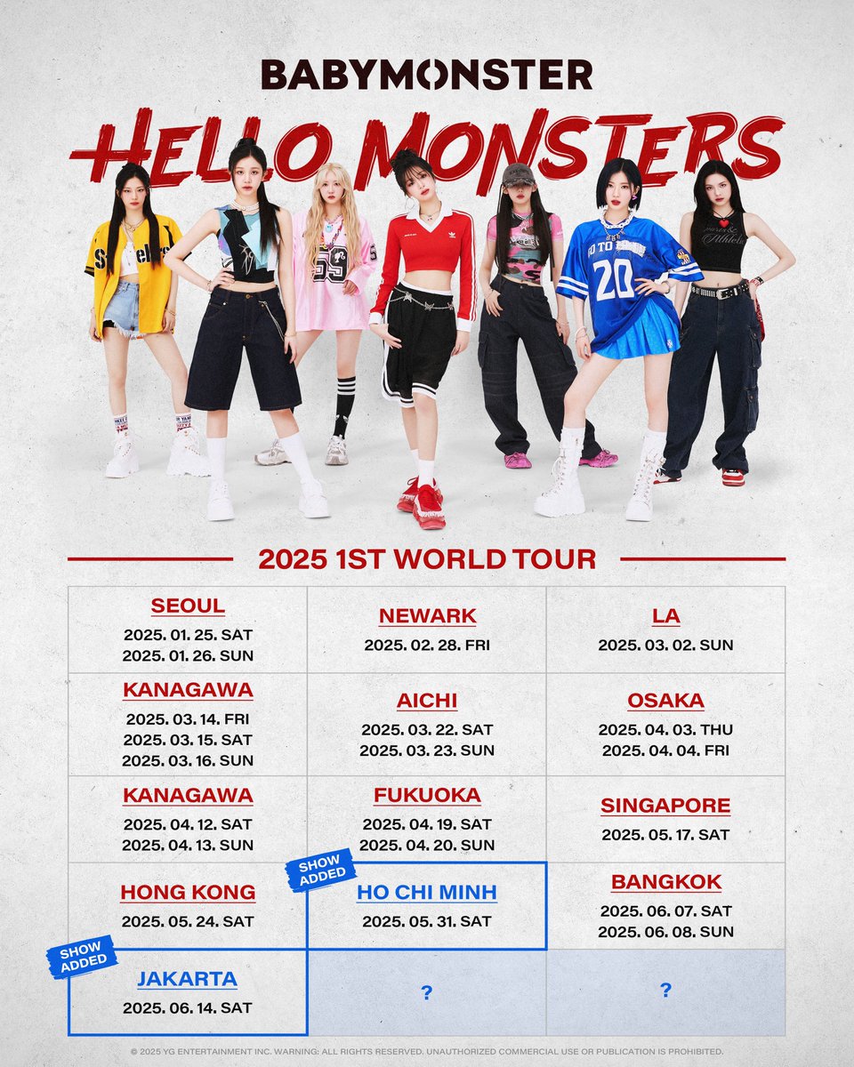 2025 #BABYMONSTER 1st WORLD TOUR <HELLO MONSTERS> IN ASIA

▶2025.05.31(SAT) : HO CHI MINH
▶2025.06.14(SAT) : JAKARTA

#베이비몬스터 #1st #WORLD_TOUR #HELLO_MONSTERS #ASIA #YG