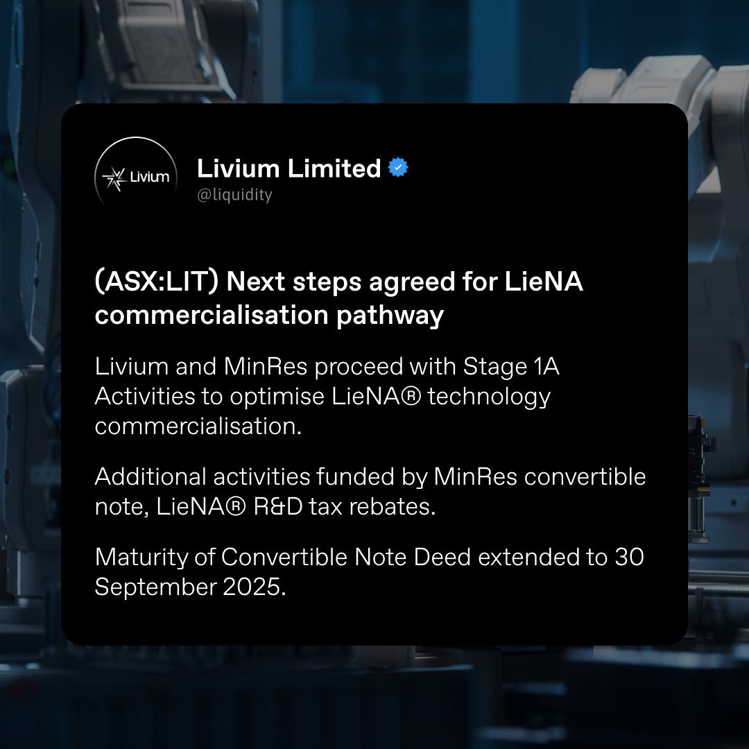 liquidityau's tweet photo. (#ASX : $LIT) @LithiumAus announces next steps agreed for LieNA commercialisation pathway. Never miss an ASX announcement - follow your favourite companies on Liquidity for real-time alerts.
🔗 - Join today, no cost, just opportunity.
#ASX #Liquidity #Announcement #Livium https://t.co/lULP7CEAPj