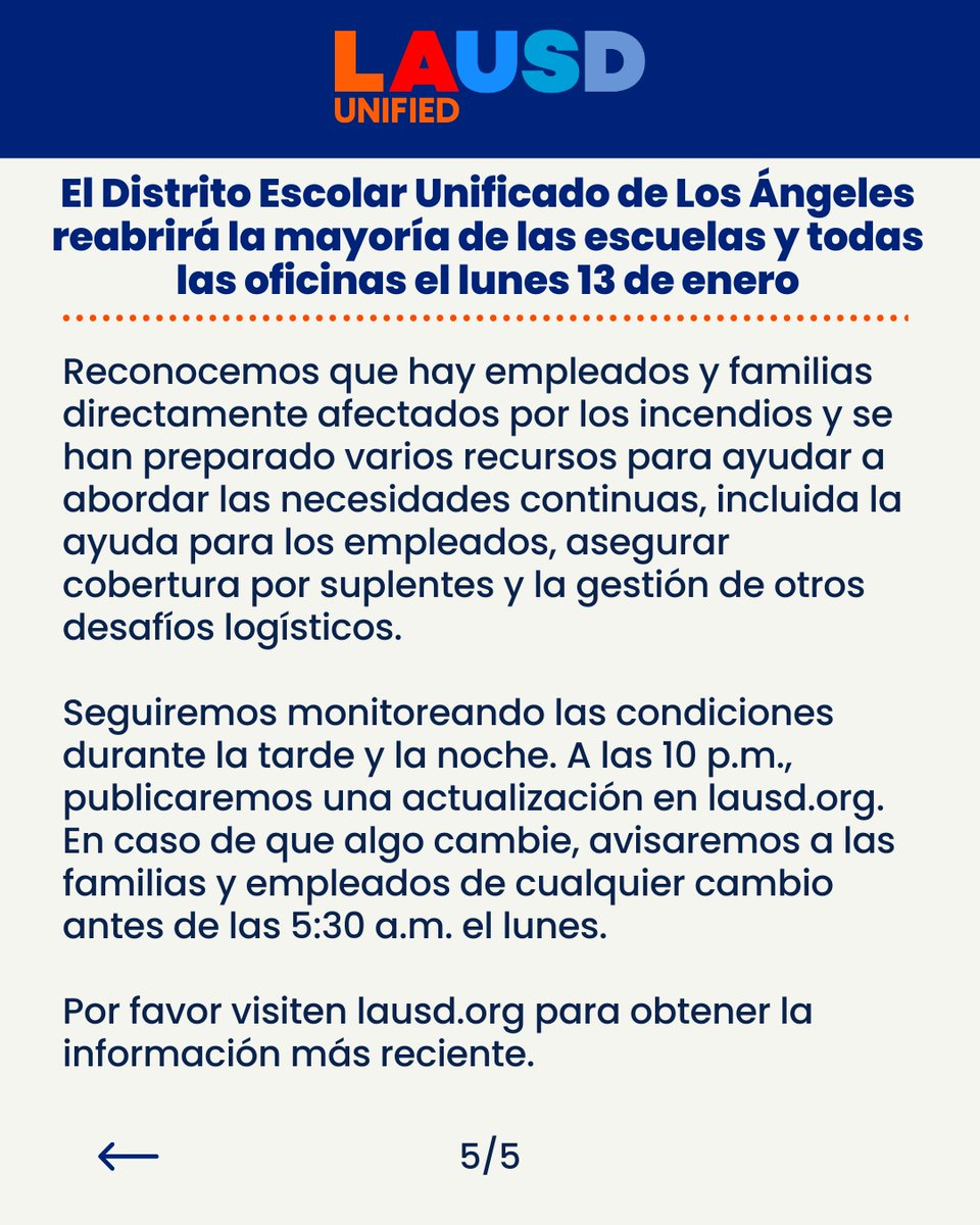 El Distrito Escolar Unificado de Los Ángeles reabrirá la mayoría de las escuelas y todas las oficinas el lunes 13 de enero