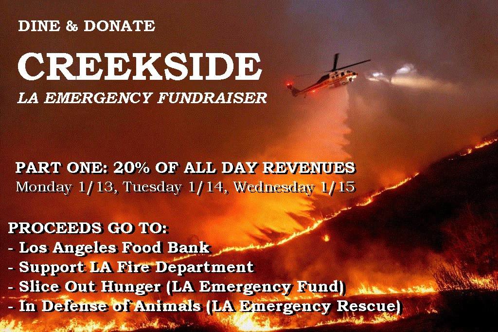 creeksideSA's tweet photo. Creekside Pizza &amp; Taproom launches our LA Emergency Fundraiser. Join us This Week as we support the LA Food Bank, Slice Out Hunger, LAFD, and In Defense of Animals LA Emergency Fund. PART ONE: 20% of ALL SALES... more info at https://t.co/s9IvY4L9Gf https://t.co/Id9LX8i54l