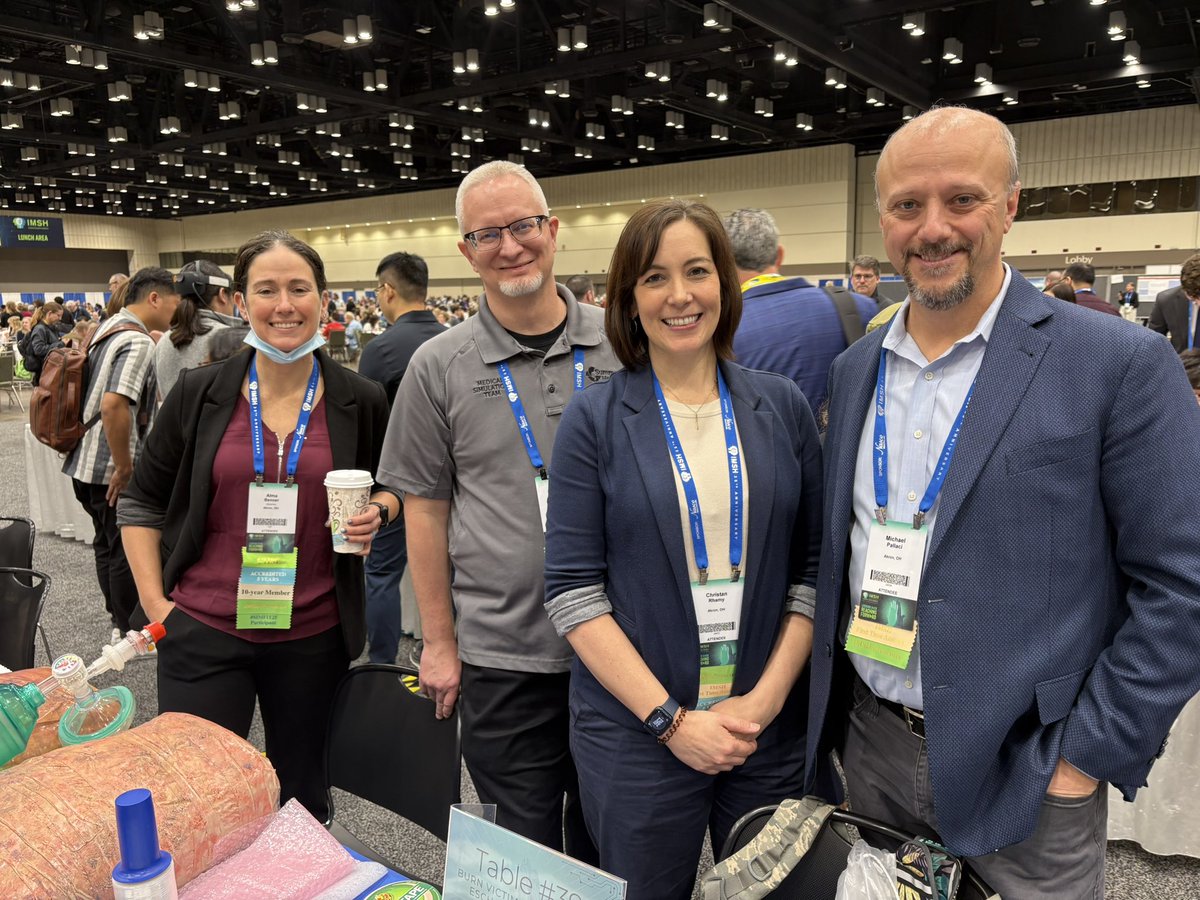 MikePallaci's tweet photo. Another great day at #IMSH2025 for the @SummaHealth sim team! Sim fellow Dr Adrienne Wolfe and I presented an IM sim curriculum, our team of techs wowed the crowd w their burn moulage, and Dr Bethany Johnston presented her PVC bronchoscopy maze
#IMSH #Simulation @USACS_Education https://t.co/Q2E4Lyx8zx
