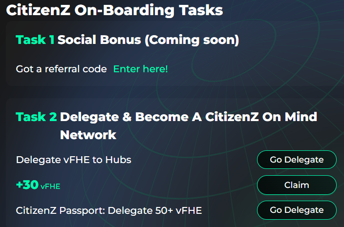 Mind Network - làm task free 0đ kiếm token quy đổi khi TGE nhé AE.

✅Build chain riêng Mindchain
✅Raised 12.5M$, backer: Binance Labs, Animoca.
✅Truy cập (nhập CODE để nhận 20 vFHE) :
dapp.mindnetwork.xyz/?code=BPPFL (CODE: BPPFL)

1. Task 1 -> nhập Ref CODE để nhận 20 vFHE
2.
