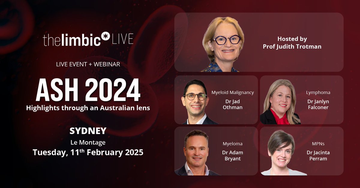 the limbic (@thelimbichaem) on Twitter photo SIGN UP: thelimbic.com/haematology/as…
Join us in-person or online as an expert panel of NSW haematologists presents their selection of transformational clinical data from ASH 2024 & discusses the impacts for practice.
<a href="/JudithTrotman1/">Judith Trotman</a> <a href="/jadothm/">Jad Othman</a> <a href="/DrAdam_J_Bryant/">Dr Adam Jacob Bryant</a> <a href="/janfalconer/">Janlyn Falconer</a> SIGN UP: thelimbic.com/haematology/as…
Join us in-person or online as an expert panel of NSW haematologists presents their selection of transformational clinical data from ASH 2024 & discusses the impacts for practice.
<a href="/JudithTrotman1/">Judith Trotman</a> <a href="/jadothm/">Jad Othman</a> <a href="/DrAdam_J_Bryant/">Dr Adam Jacob Bryant</a> <a href="/janfalconer/">Janlyn Falconer</a>