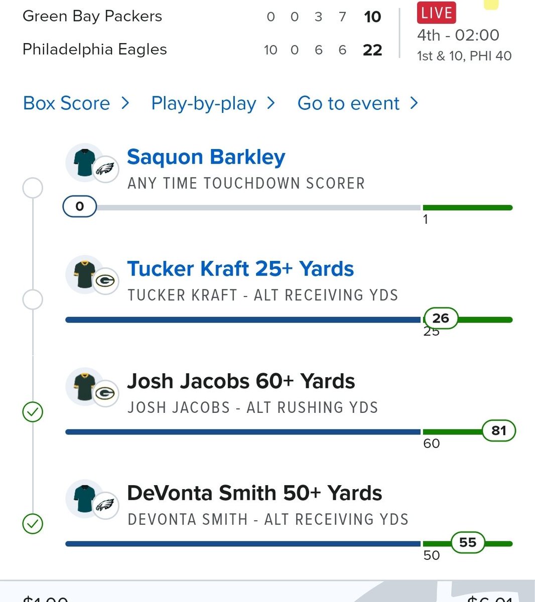 MatthewACastill's tweet photo. The only thing that didn't happen was the one I was sure of lol. Buy classy move at the end there @saquon 
#parlay #eagles https://t.co/PxlLsVc7Fp