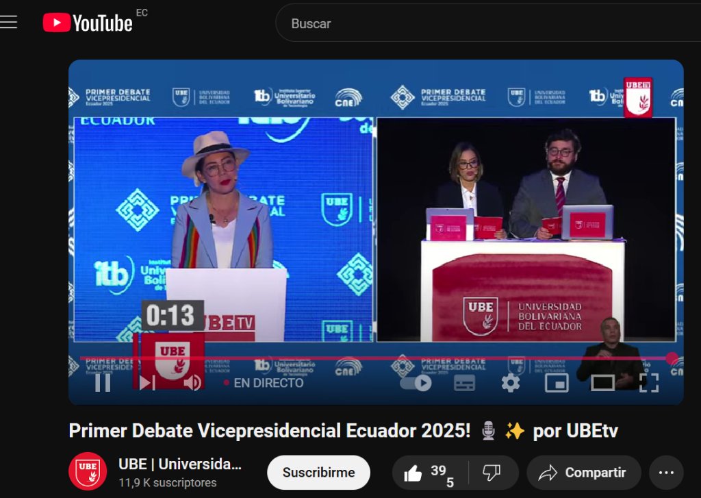 ¡El Primer Debate Vicepresidencial de Ecuador 2025 está en vivo por UBEtv! 🗳️

Organizado por la @UBEcuador y transmitido por <a href="/UBEtv/">uBe Tv</a>, las candidatas a la vicepresidencia debaten los temas clave para el país. 🇪🇨

¡debate en directo! #1erDebateVicepresidencialUBE