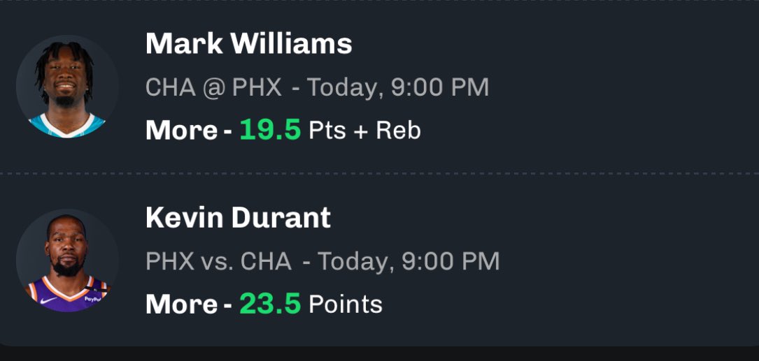 austinsprops's tweet photo. Chalkboard Daily Double 💵 w/ @AlexCaruso 

Mark Williams 19.5 PR “O”
Kevin Durant 23.5 Pts “O”

Chalkboard also is now the FIRST DFS App with Cashouts available on entries!

We’ve smacked 6 of the L7 slips🔥

Use Code AUSTIN for https://t.co/KfX6wBldRC