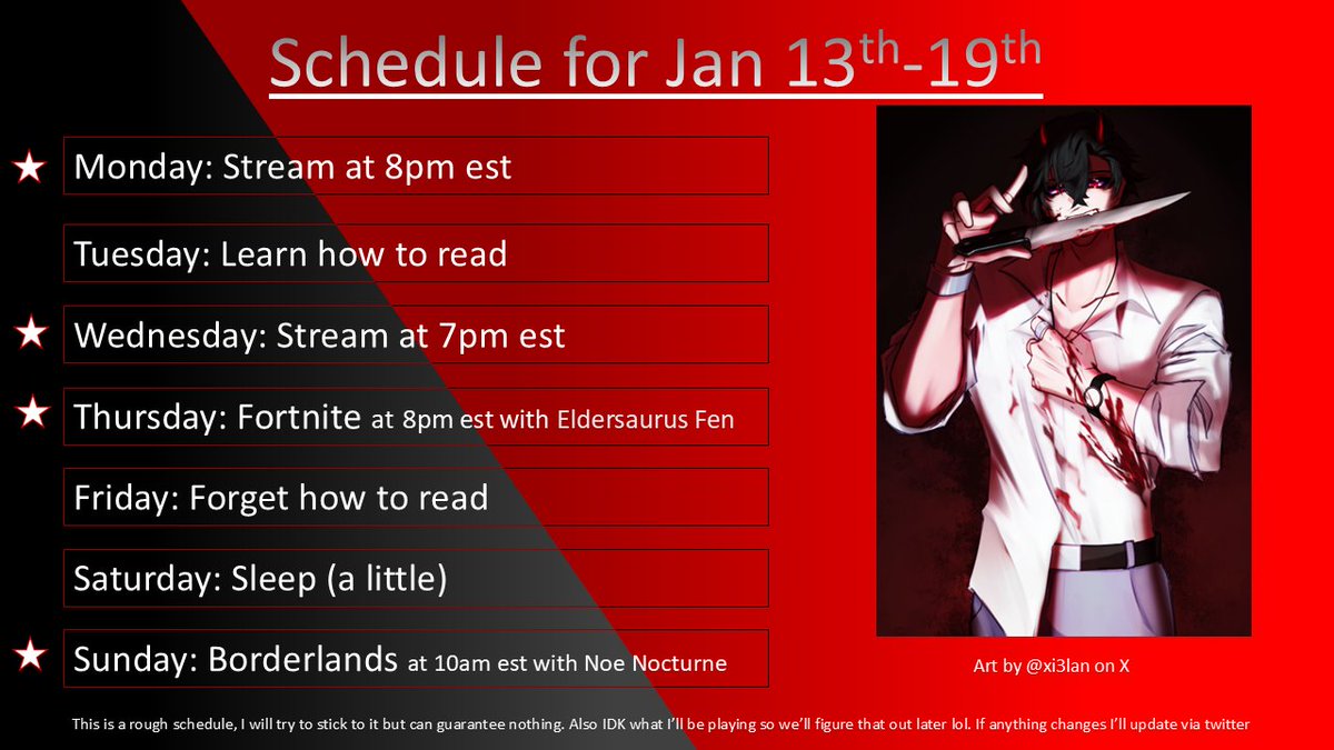 A few fun things planned this week!!! ❤️🩶🤍

Due to work stuff the normal Monday stream will be at 8pm tomorrow. 
Then we are playing Fork Knife with the super sweet @eldritch_DM on Thursday, and Borderlands with the always adorable <a href="/NoeNocturneVT/">Noé Nocturne🌙✨</a> Sunday morning!!! 😁
