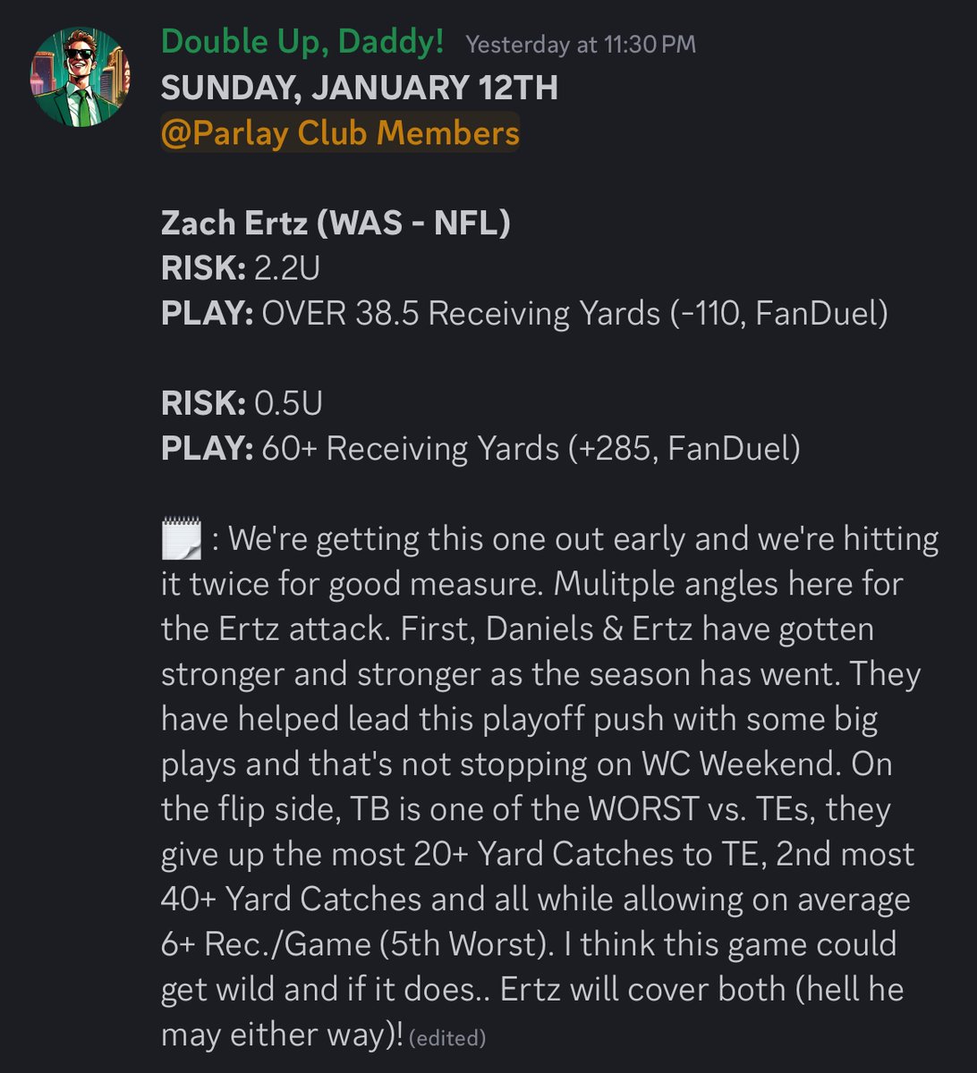 DoubleUpDaddy's tweet photo. Big one here.. This one's been marinating in Daddy's Discord since last night.. Check the time stamp! We've got ourselves a 2.2 UNIT BANGER + 0.5U ADD-ON‼️👊 #WeAreTheKrewe #NFLPlayoffs #WASvsTB https://t.co/4z62JoEbi0