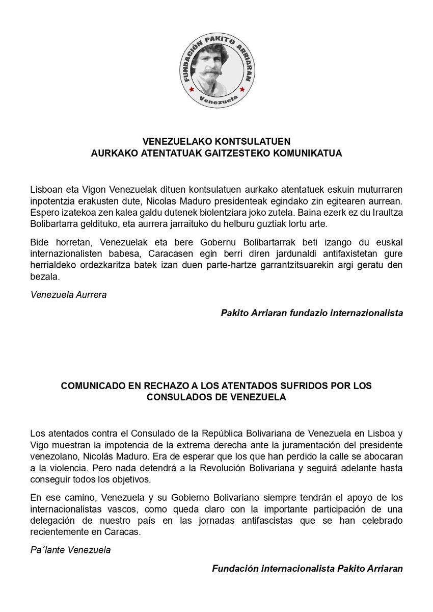 Fundación Pakito Arriaran (@solidaridadeh) on Twitter photo Comunicado en rechazo a los atentados sufridos por los consulados de Venezuela // Venezuelako Kontsulatuen aurkako atentatuak gaitzesteko komunikatua
#VenezuelaAurrera #PalanteVenezuela
<a href="/ConsVELisboa/">ConsulVeneLisboa</a> <a href="/ConsVEVigo/">CONSULADO DE VENEZUELA EN VIGO</a> <a href="/GodoyCoromotoVE/">Coromoto Godoy Calderón</a> Comunicado en rechazo a los atentados sufridos por los consulados de Venezuela // Venezuelako Kontsulatuen aurkako atentatuak gaitzesteko komunikatua
#VenezuelaAurrera #PalanteVenezuela
<a href="/ConsVELisboa/">ConsulVeneLisboa</a> <a href="/ConsVEVigo/">CONSULADO DE VENEZUELA EN VIGO</a> <a href="/GodoyCoromotoVE/">Coromoto Godoy Calderón</a>