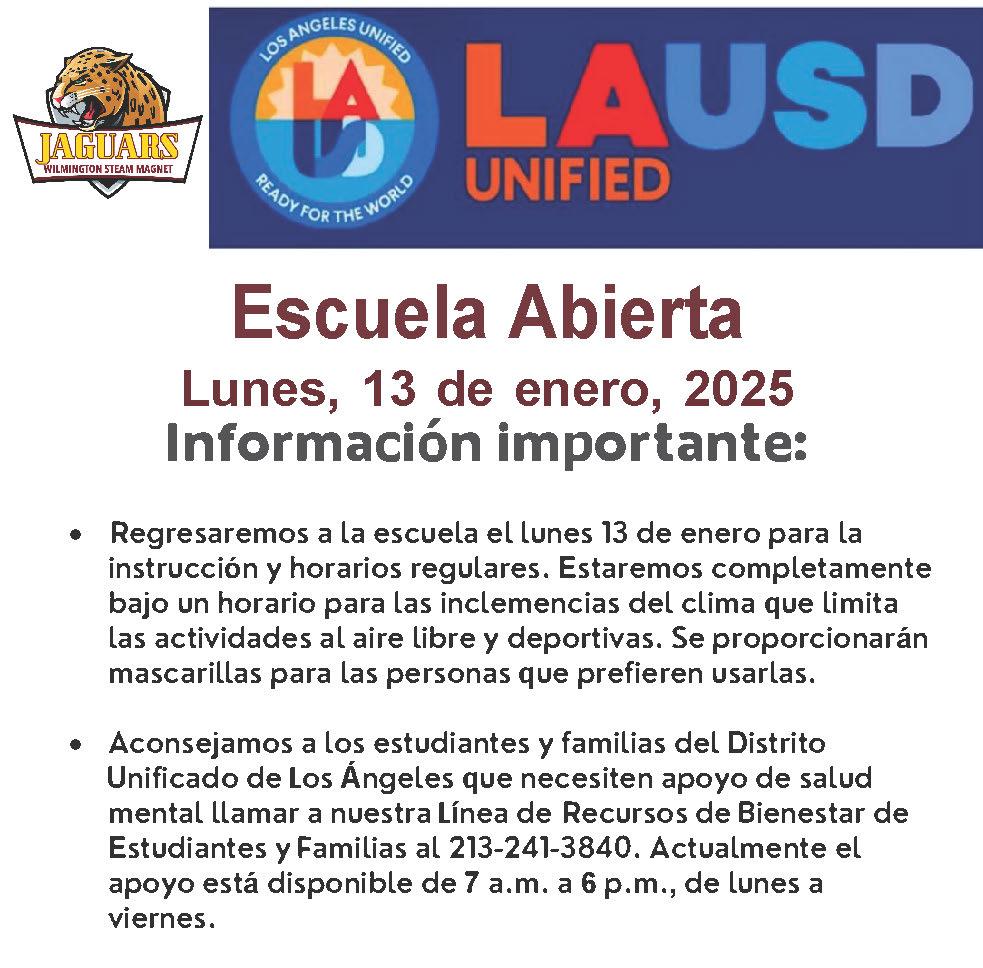 WMSsteamMagnet's tweet photo. We will return to school on Monday, Jan. 13 for regular instruction and schedules / Regresaremos a la escuela el lunes 13 de enero para la instrucción y horarios regulares https://t.co/kjYDYycMTz https://t.co/HXq1xRlWcc