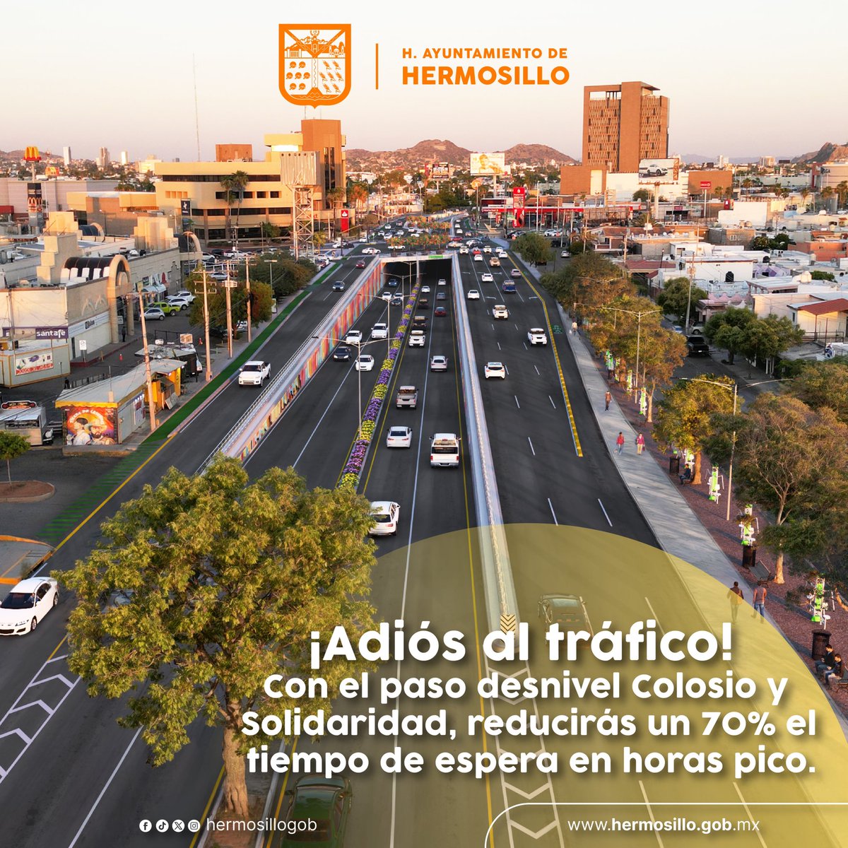 HermosilloGob's tweet photo. 🚗 Movilidad que transforma. El paso desnivel Colosio y Solidaridad reducirá un 70% el tiempo de espera, agilizando el tráfico y mejorando tus traslados.

Recuerda usar las vías alternas y atender las recomendaciones de @Policia_HMO durante la obra. 🚓

#TrabajoQueSeNota https://t.co/exoHpFtwNn