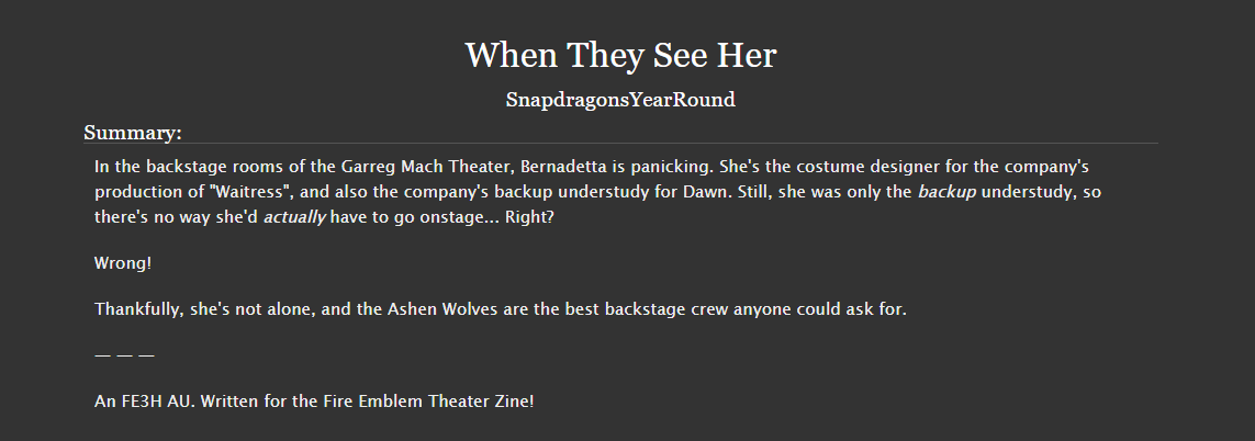 SnapdragonsR's tweet photo. Can finally post the SFW fic I wrote for the @FEMusicalZine ! I was so happy to write this and pleased with how it turned out. They're having leftover sales for the zine, so check it out if you're interested! And special thanks to the mods for creating this amazing project! https://t.co/vixP943ADy