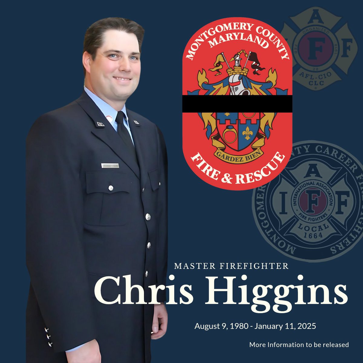 GWGVFD (@gwgvfd) on Twitter photo The GWGVFD extends our heartfelt condolences on the loss of one of your own MCFRS firefighters, MFF Chris Higgins. We stand in solidarity with <a href="/BVFD15/">Burtonsville VFD</a> & <a href="/ehvfc12/">Earleigh Heights VFC</a> in this time of sorrow, offering our prayers to his family and friends. The GWGVFD extends our heartfelt condolences on the loss of one of your own MCFRS firefighters, MFF Chris Higgins. We stand in solidarity with <a href="/BVFD15/">Burtonsville VFD</a> & <a href="/ehvfc12/">Earleigh Heights VFC</a> in this time of sorrow, offering our prayers to his family and friends.