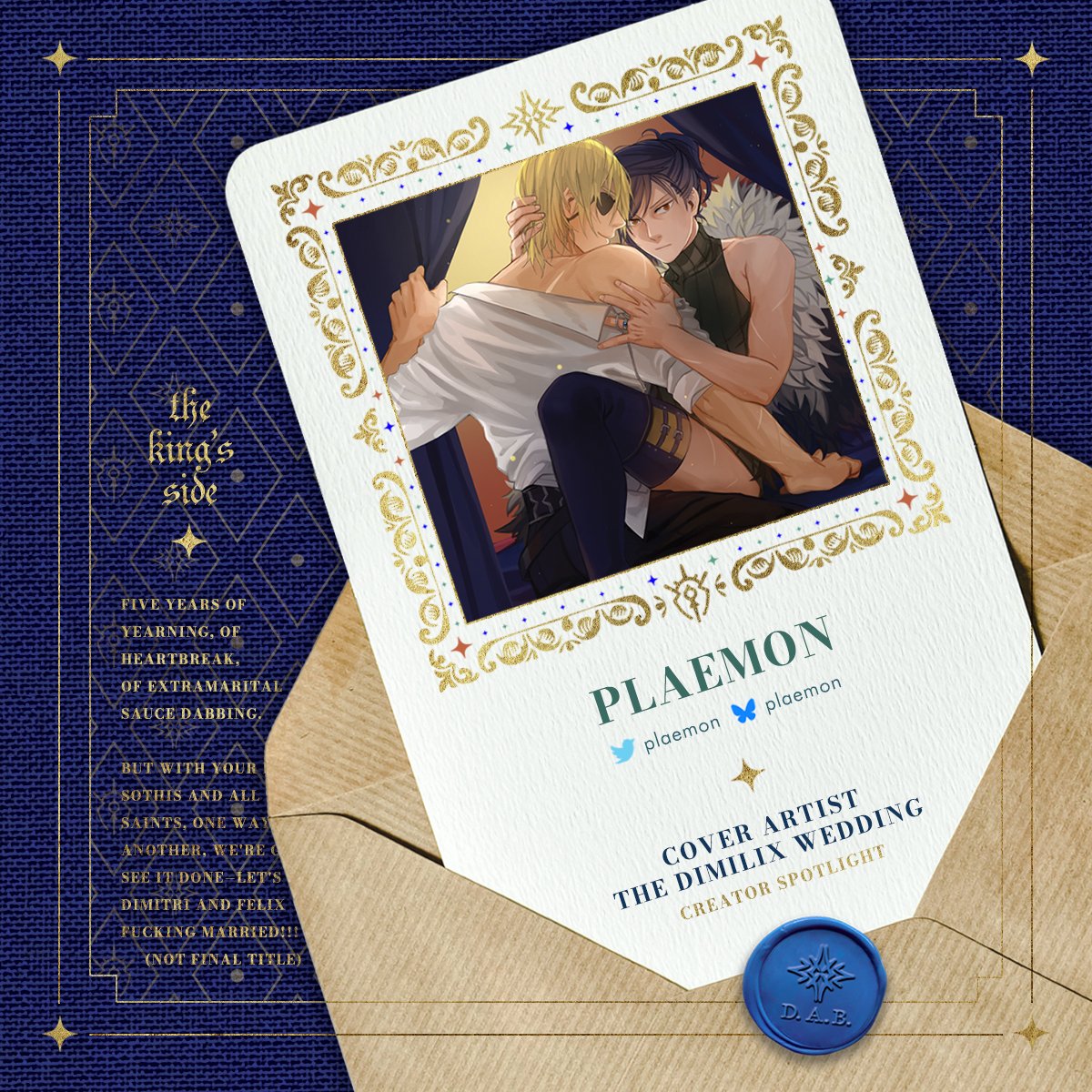 Bells are ringing, swords are clashing! As the finishing touches for the Royal Wedding are being polished to an alarmingly fine point, we're excited to present the creators hosting this Dimilix party!

First, "married to Dimilix since 2019"—please say hi to cover artist <a href="/plaemon/">Lydia.🌸 Too Many Cats.</a>!