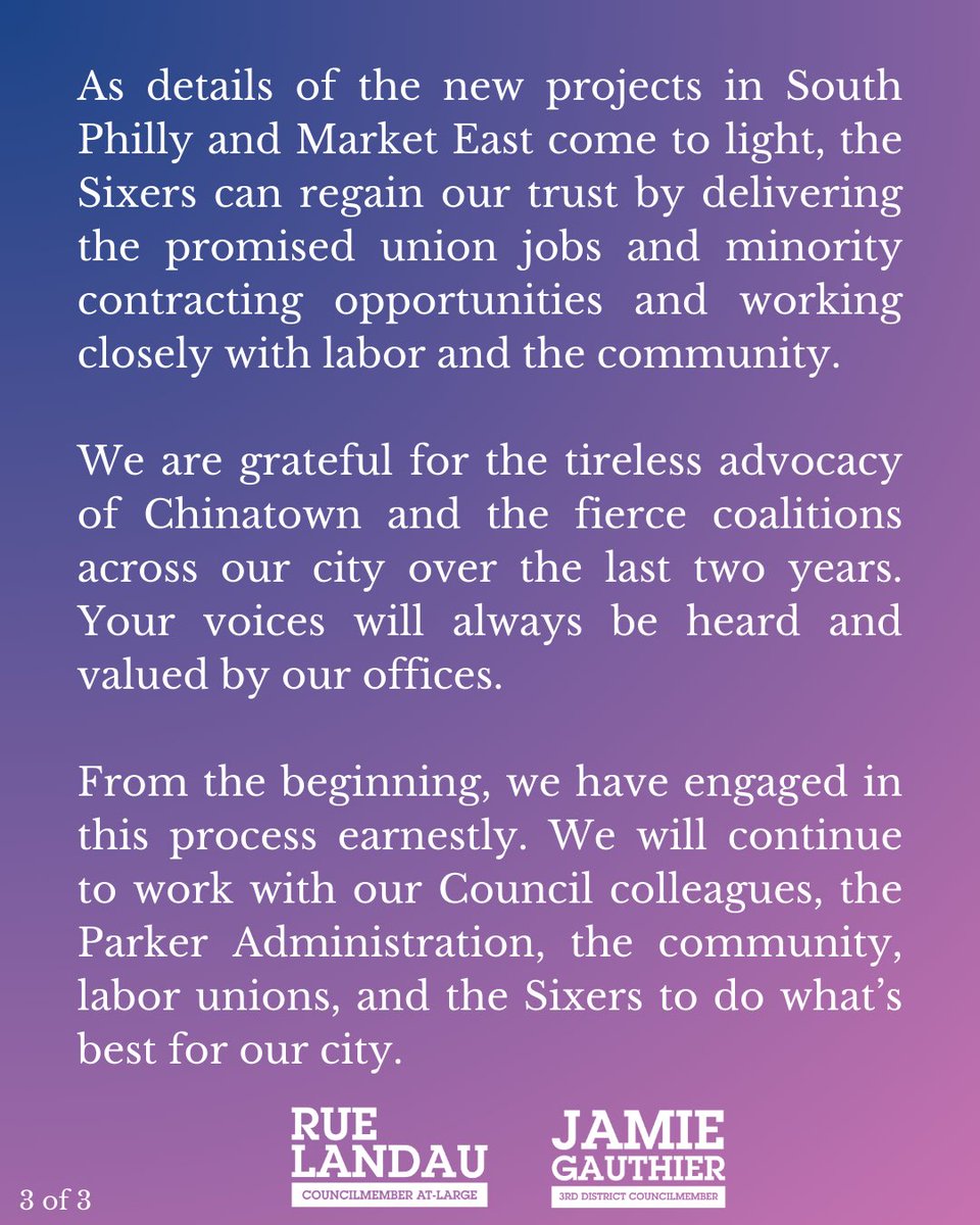 Councilmember Rue Landau (@ruephilacouncil) on Twitter photo My statement with <a href="/CouncilmemberJG/">Councilmember Jamie Gauthier</a>:
Today’s news is a win for both vulnerable communities and our city. It also confirms that 76DevCo was not engaging the City in good faith.
At the end of last year, we voted against the arena after working with our colleagues and all My statement with <a href="/CouncilmemberJG/">Councilmember Jamie Gauthier</a>:
Today’s news is a win for both vulnerable communities and our city. It also confirms that 76DevCo was not engaging the City in good faith.
At the end of last year, we voted against the arena after working with our colleagues and all