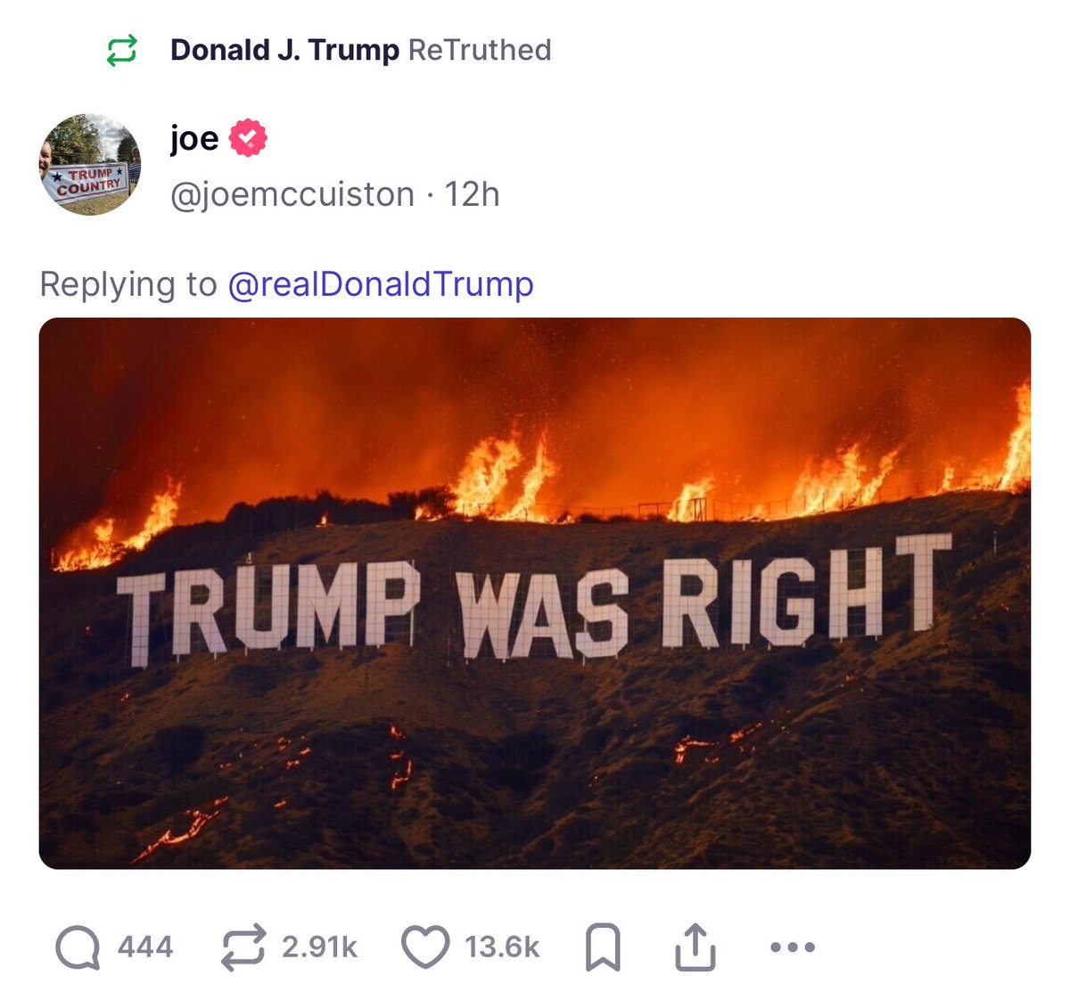 Donald Trump reposted an AI image of the California wildfires on Truth Social. This is shameful and disgusting. Trump is garbage.