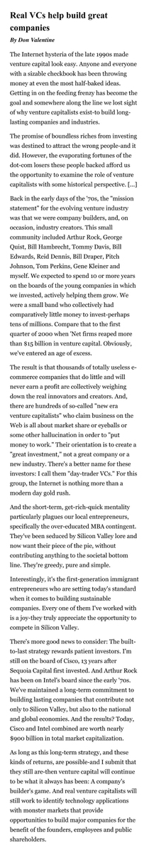 EFragoso73889's tweet photo. Time is a flat circle. I’ve called them 'swing traders in suits,' but Don Valentine beat me to it:  'These so-called new-era VCs chase market share and eyeballs, not building great companies. I call them day-trader VCs. To them, the Internet is just a modern-day gold rush.' https://t.co/Twfi7xLQQx