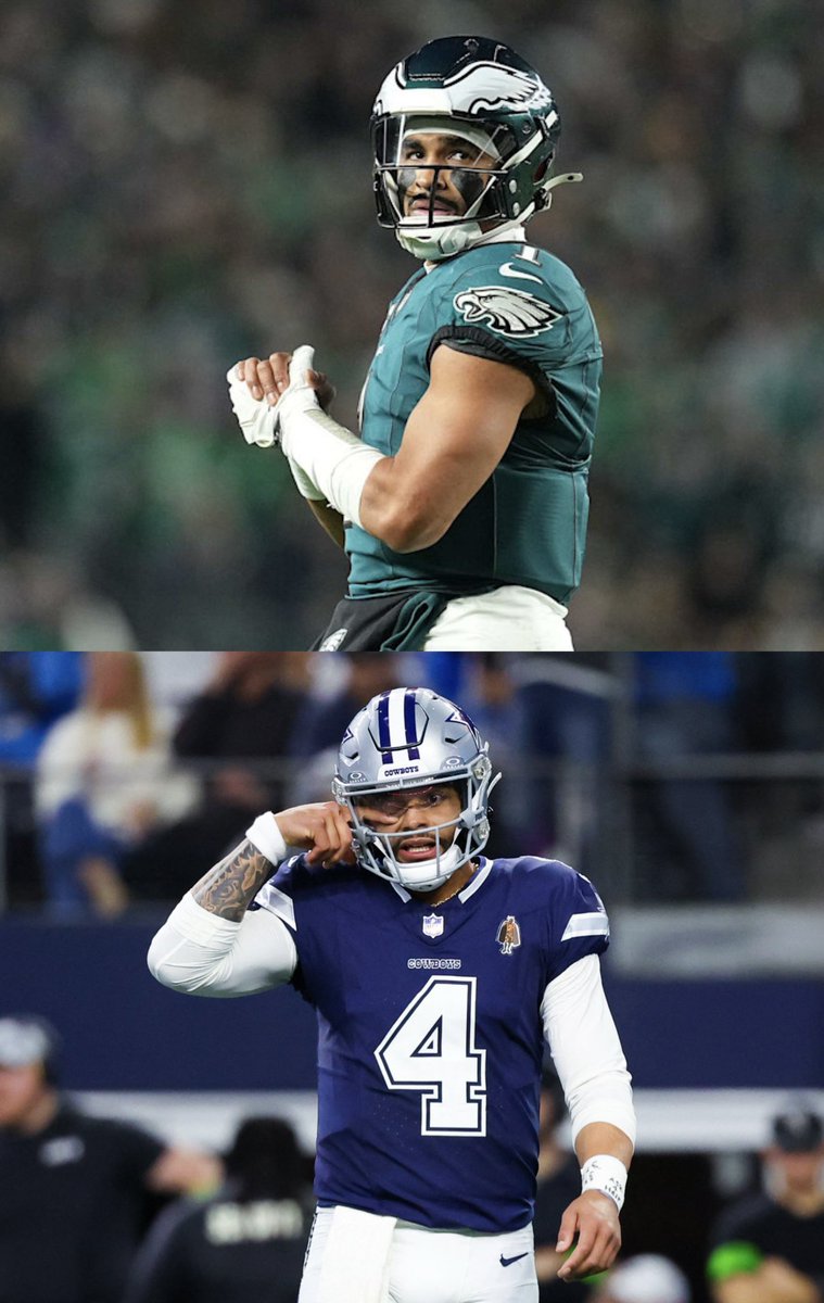 MLFootball's tweet photo. 🚨WILD STAT🚨#Eagles quarterback Jalen Hurts already has more PLAYOFF WINS than #Cowboys QB DAK Prescott.

Hurts has only played in five seasons; Dak has been in the league for nearly a decade.

🤯🤯🤯 https://t.co/d5m6GG2ubw