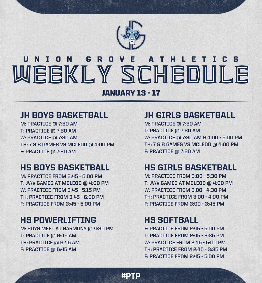 Athletics Schedule for January 13-17!
#PTP