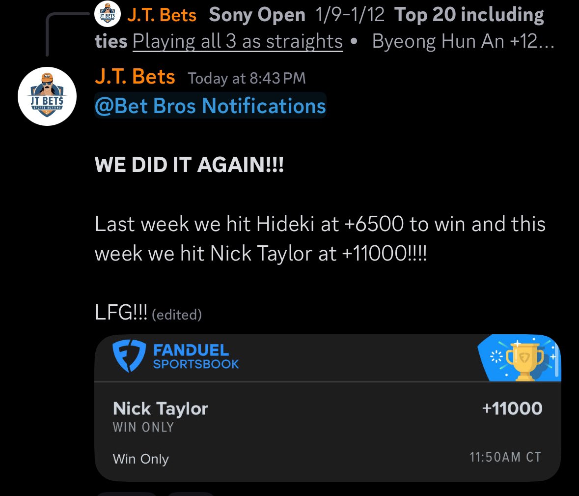 TheJTBets's tweet photo. Back to back weeks we hit an outright winner! This week was a SNIPE! +12000 and +11000 so nice we played it twice! https://t.co/mhOvhqzZmG