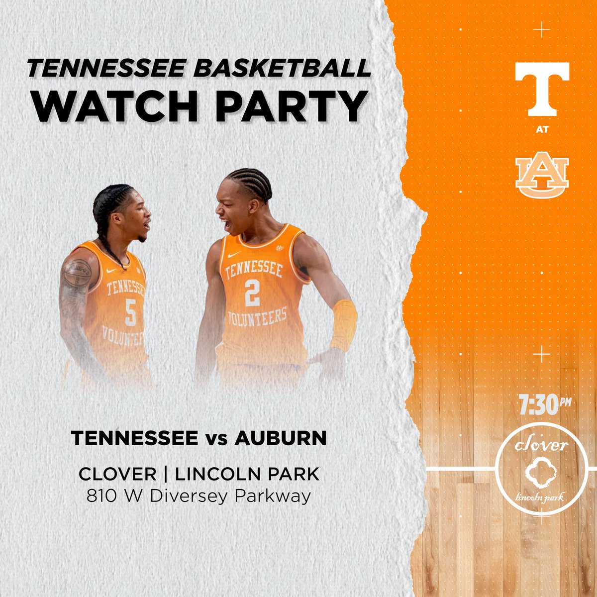 First watch party of 2025!! Come out to Clover Lincoln Park to watch Tennessee vs Auburn at 7:30 PM on Saturday, January 25th!
