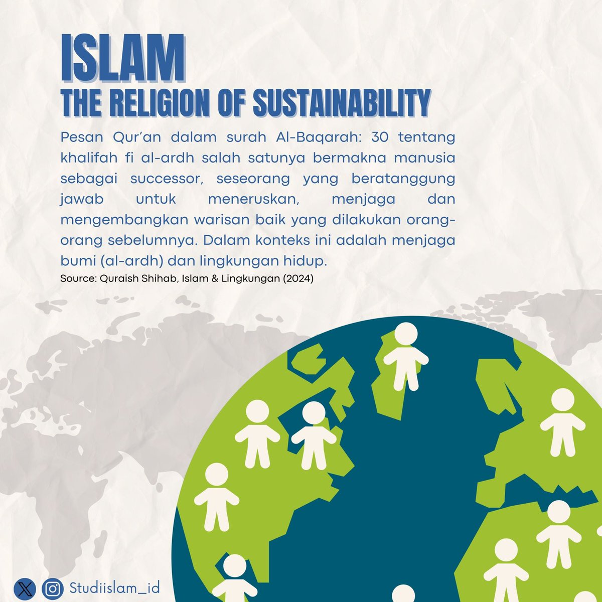 studiislam_id's tweet photo. Negara-negara berpenduduk mayoritas Muslim mengalami krisis lingkungan. Apakah ini karena Islam abai terhadap lingkungan? 

Tentu tidak. Islam memberi perhatian besar pada kelestarian lingkungan dan menekankan fungsi manusia sebagai khalifah yang menjaga dan kemakmuran bumi. https://t.co/raxeb0s5zS