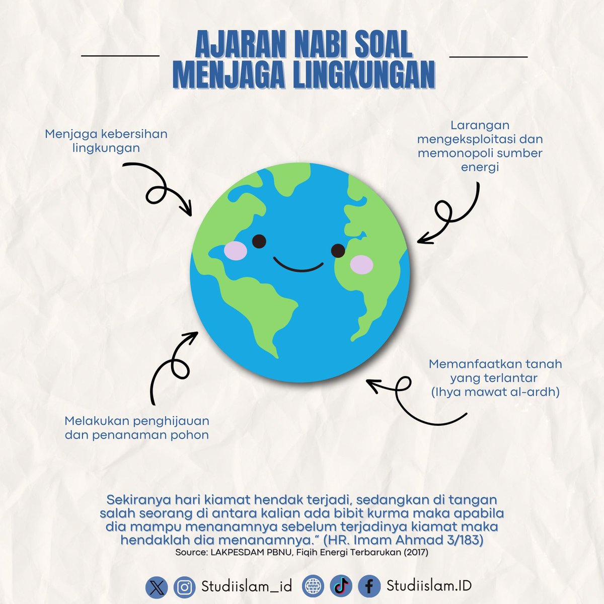 studiislam_id's tweet photo. Negara-negara berpenduduk mayoritas Muslim mengalami krisis lingkungan. Apakah ini karena Islam abai terhadap lingkungan? 

Tentu tidak. Islam memberi perhatian besar pada kelestarian lingkungan dan menekankan fungsi manusia sebagai khalifah yang menjaga dan kemakmuran bumi. https://t.co/raxeb0s5zS