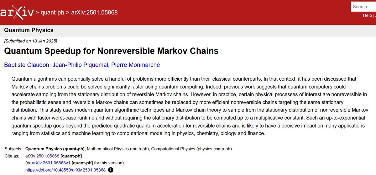 🚨First group preprint of 2025 of a long awaited result🚨:
"Quantum Speedup for Nonreversible Markov Chains"
Check it out👉: arxiv.org/abs/2501.05868

In times when there is questioning about the utility of #quantumcomputing, this study demonstrates an up-to-exponential quantum