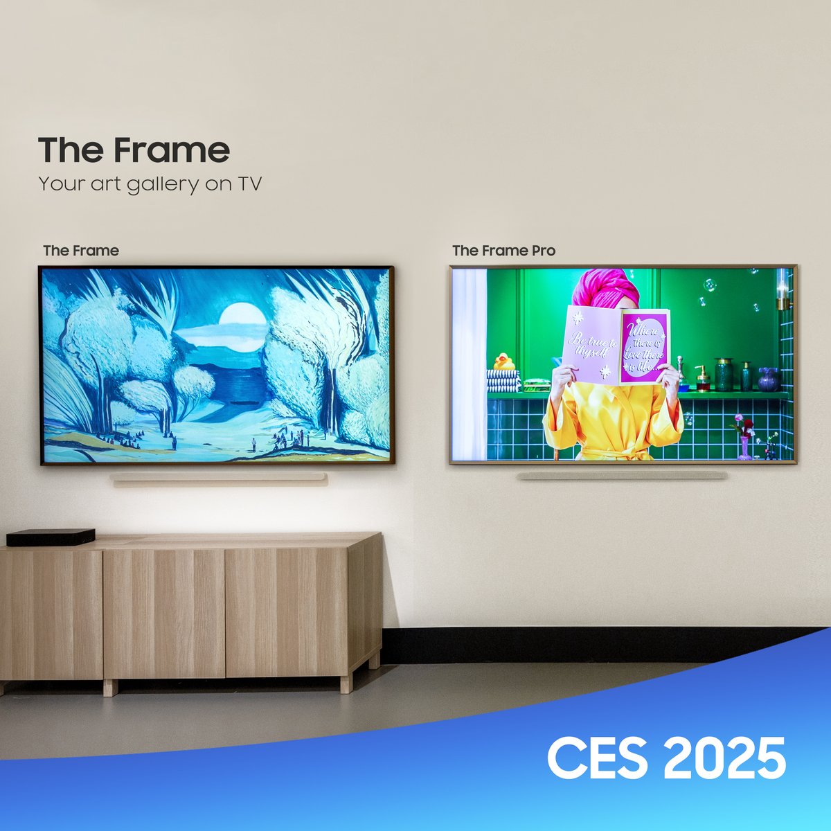 SamsungGulf's tweet photo. 👏 Unveiling the new member of The Frame family, #TheFramePro that ups the aesthetics with a stunning Neo QLED display &amp; Wireless One Connect Box. It’s #ArtTV at it’s finest ✨ 

*Availability of features may vary per region.

#SamsungCES2025 #CES #TheFrame #LifestyleTV #Samsung https://t.co/Qr6HWVDS69
